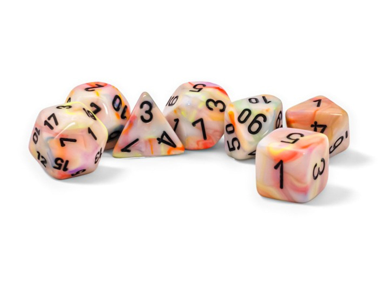 Chessex Festive Mega-hedral dice set in Circus/Black, featuring seven colorful, marbled dice with bold black numbers.