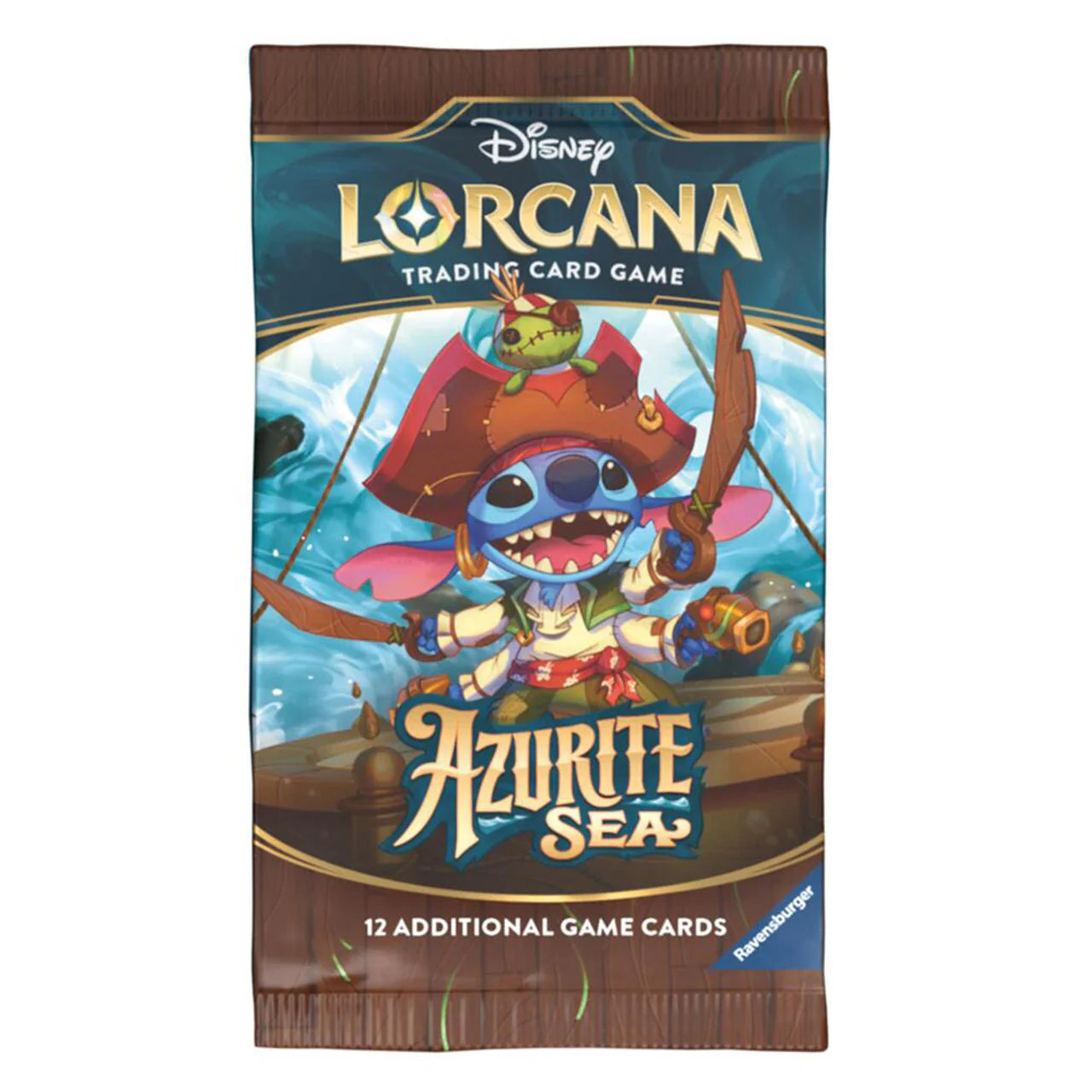 Disney Lorcana TCG Azurite Sea booster pack featuring a pirate-themed Stitch character and vibrant ocean graphics.