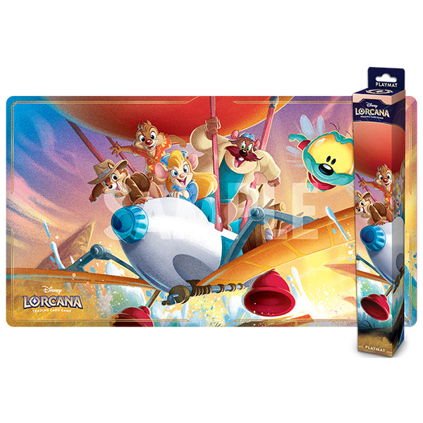 Colorful Disney Lorcana playmat featuring the Rescue Rangers in an adventurous scene with an airplane and vibrant background.