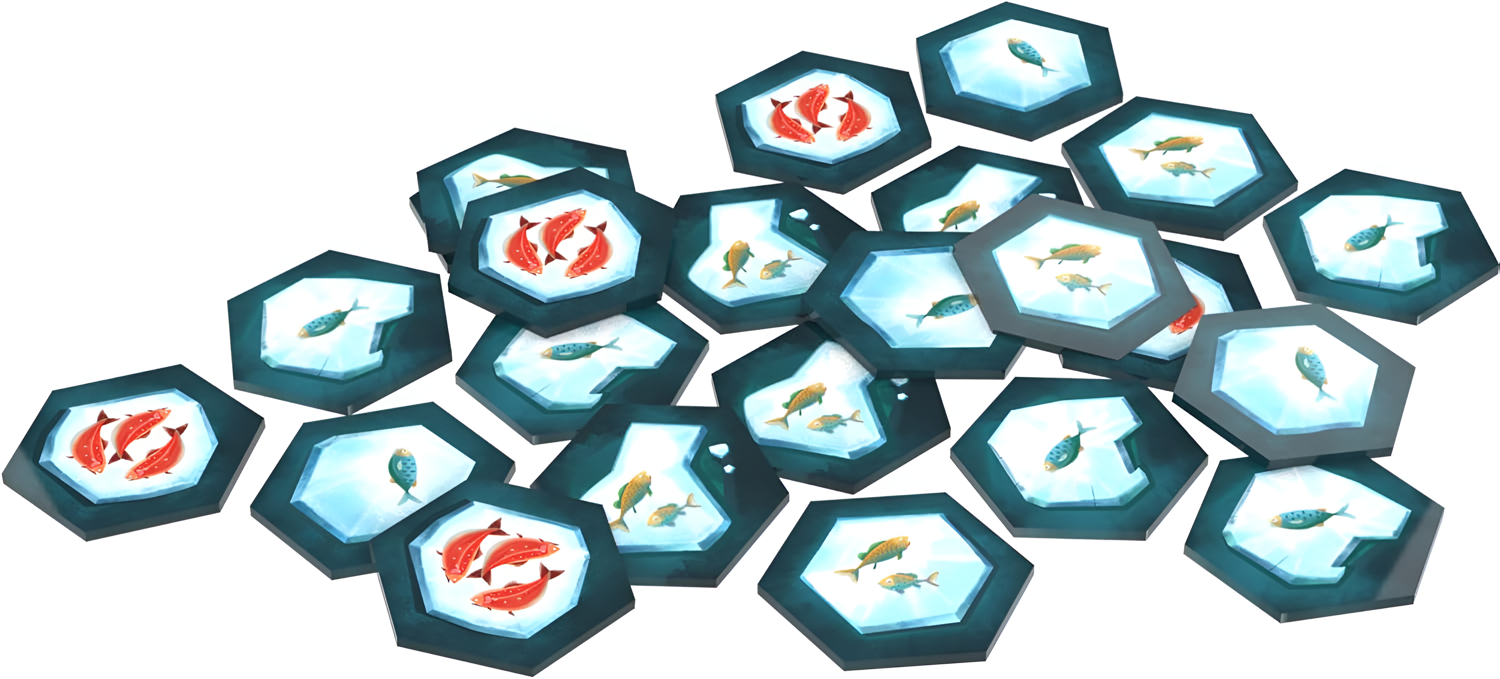 Colorful hexagonal game tiles featuring various fish illustrations, scattered on a white background for the game Hey! That’s My FISH!.