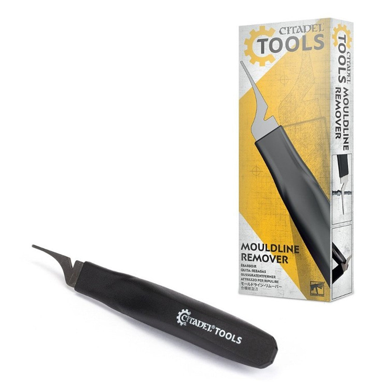 Citadel Tools Mouldline Remover with a curved blade, designed for removing mold lines from miniatures, displayed with packaging.