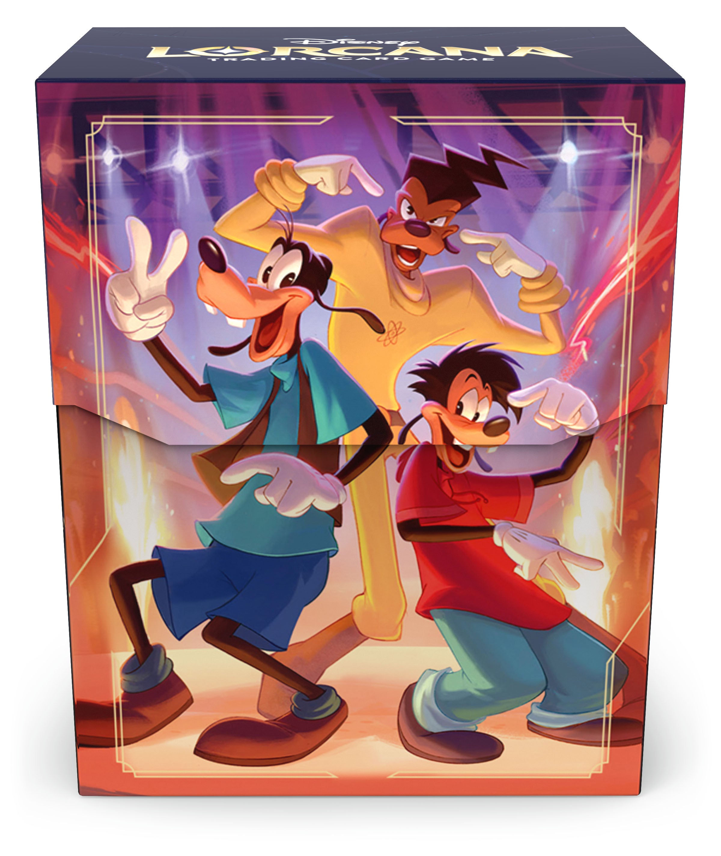 Colorful deck box for Disney Lorcana featuring characters from Goof Troop, showcasing Goofy, Max, and Pete in a lively pose.