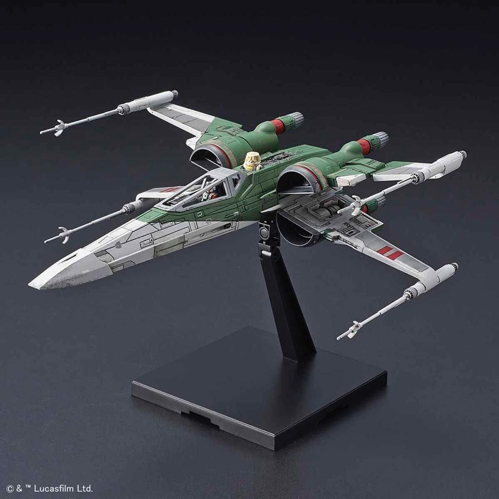 Bandai Star Wars 1/72 model of X-Wing Fighter from Rise of Skywalker, displayed on a stand with detailed paintwork.