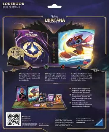Disney Lorcana TCG portfolio featuring Stitch, designed to hold 64 trading cards and includes a lorebook.