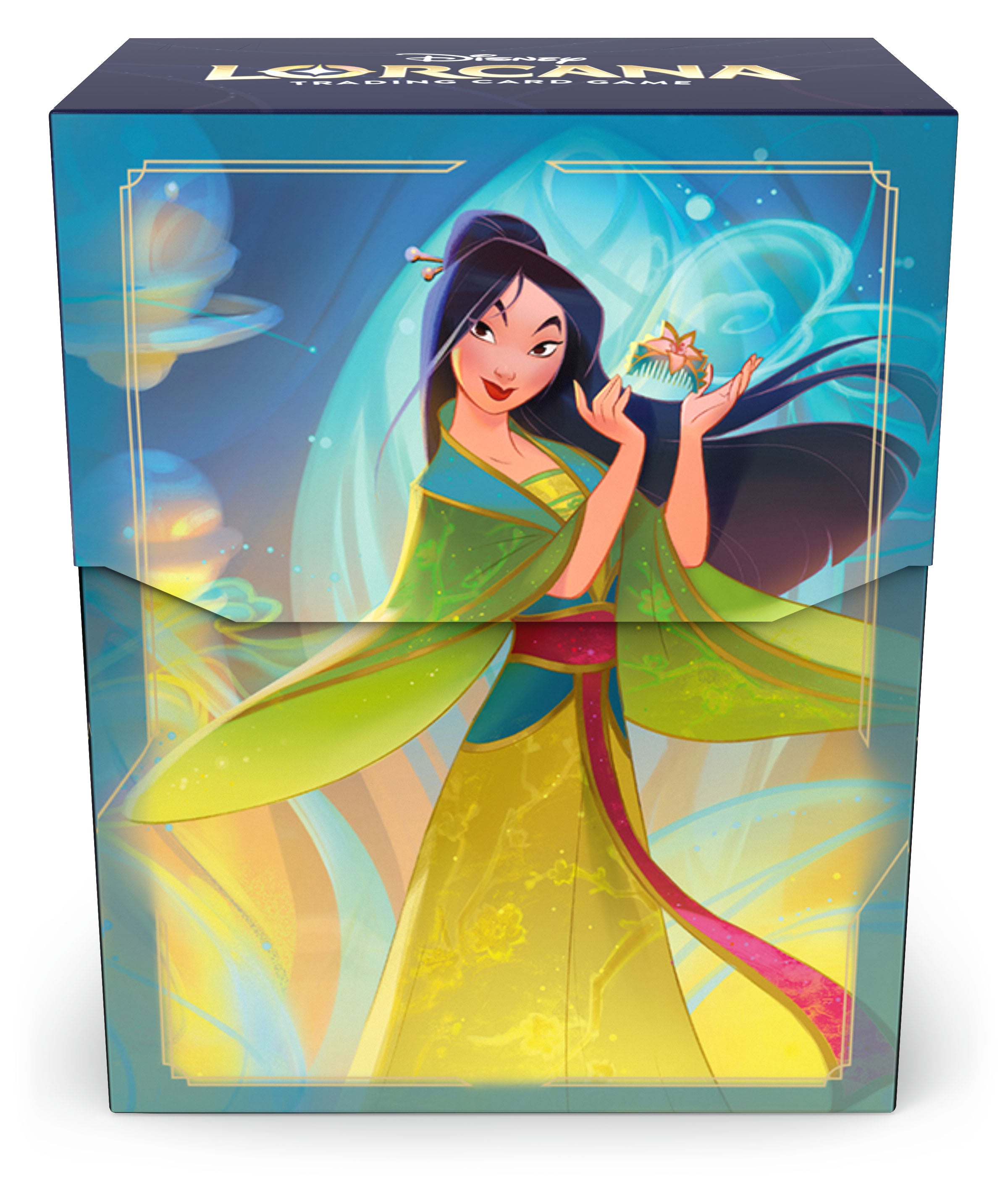Colorful deck box for Disney Lorcana featuring Mulan, showcasing her in a vibrant dress with flowing hair and magical elements.