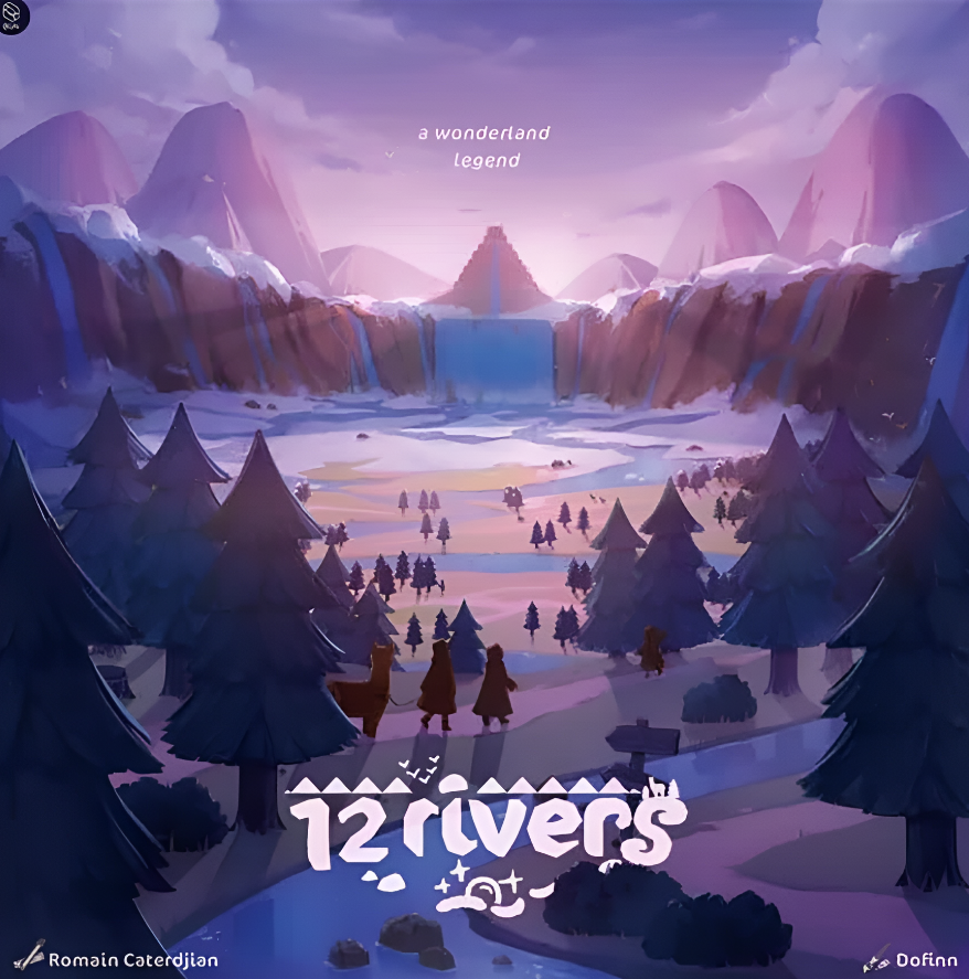 Colorful landscape of mountains and rivers under a twilight sky, featuring the title "12 Rivers" prominently at the bottom.