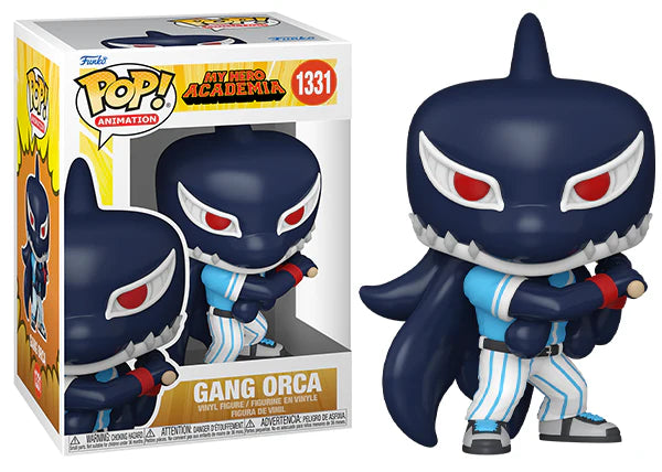 Funko Pop! figure of Gang Orca from My Hero Academia, featuring a blue and white striped outfit and menacing expression.
