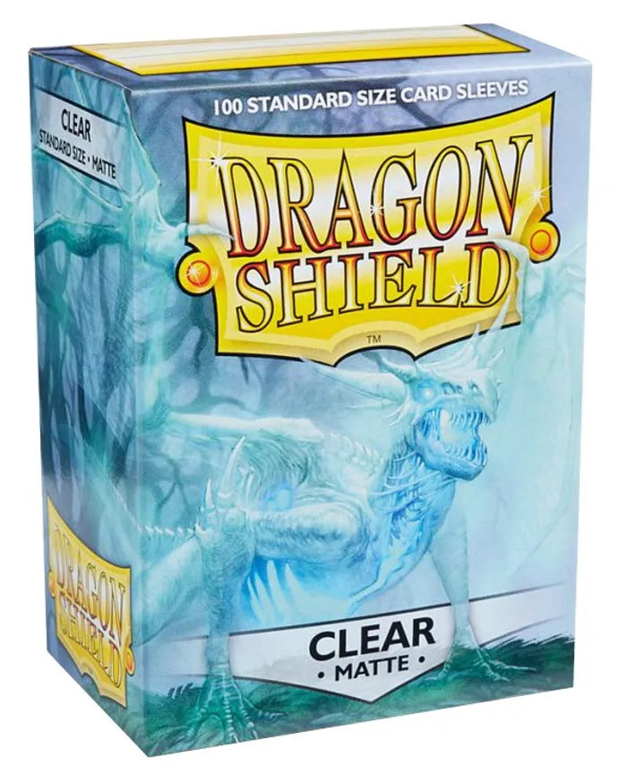 Dragon Shield Matte Clear Standard Size Card Sleeves box featuring a dragon design, containing 100 protective card sleeves.