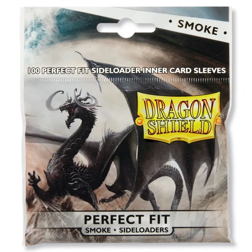 Dragon Shield Perfect Fit Standard Side-Loading Sleeves in Smoke color, 100-count pack for card protection and storage.