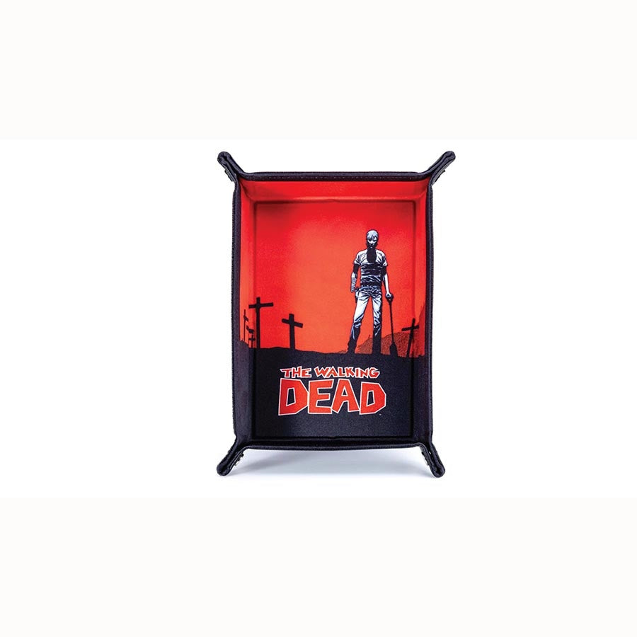 Dice tray featuring a bold design from The Walking Dead, showcasing a character against a striking red background.
