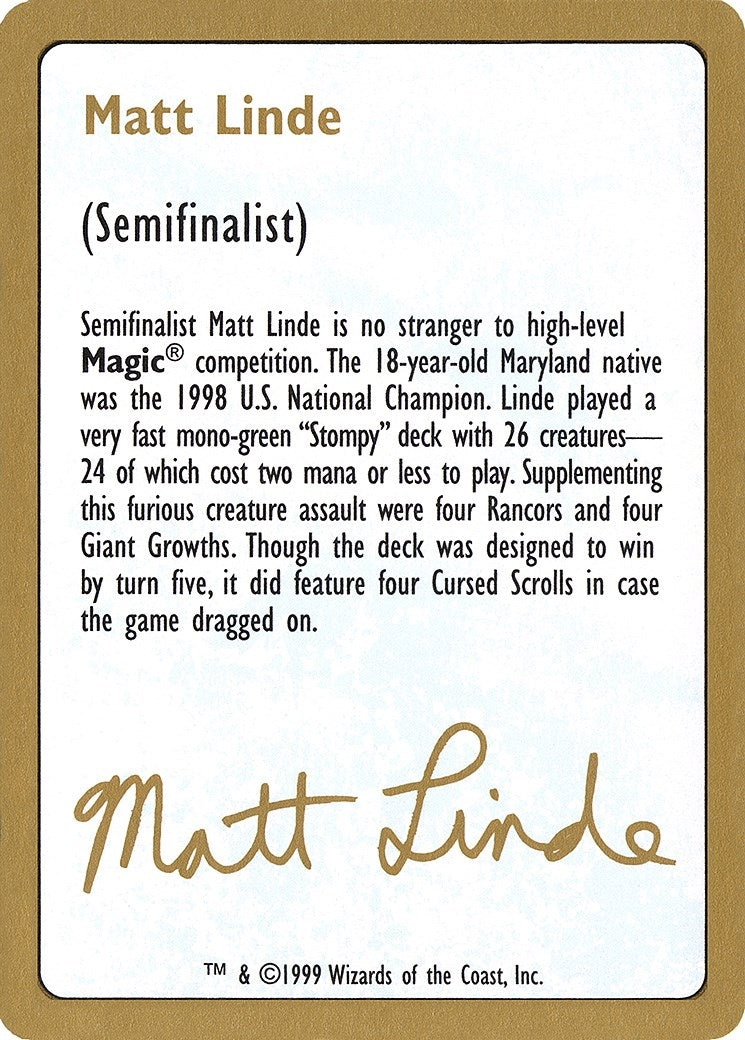 Image for 1999 Matt Linde Biography Card (WCD)