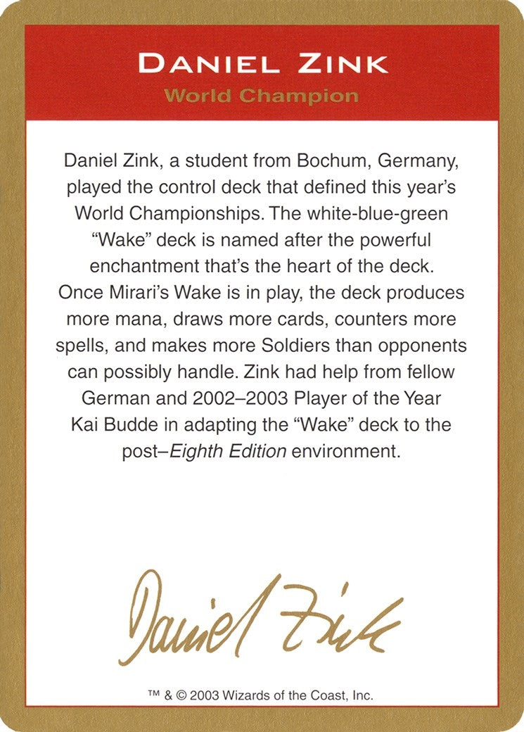 Image for 2003 Daniel Zink Biography Card (WCD)