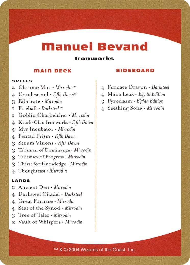 Image for 2004 Manuel Bevand Decklist Card (WCD)