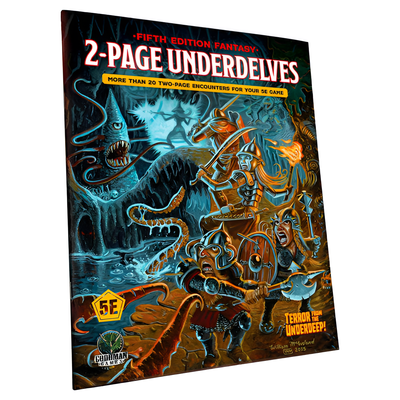 D&D 5E Adventure: 2-Page UnderDelves cover featuring colorful artwork of adventurers battling monsters in a cavern.