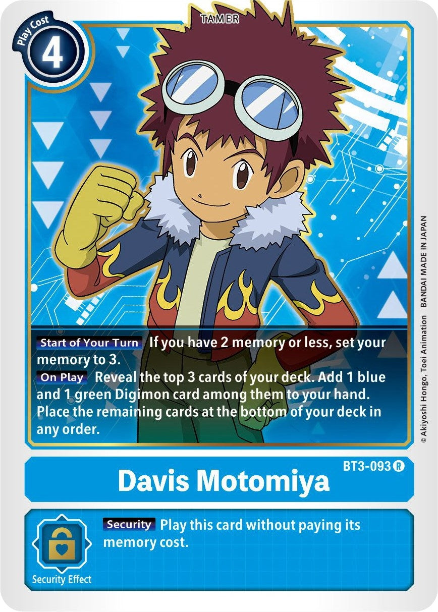 Davis Motomiya card from Digimon featuring a character with spiky hair and goggles, detailing game effects and abilities.