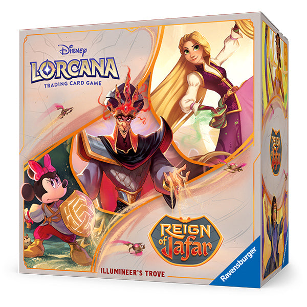 Disney Lorcana: Reign of Jafar - Illumineer's Trove box featuring Jafar, Rapunzel, and Minnie Mouse in vibrant artwork.