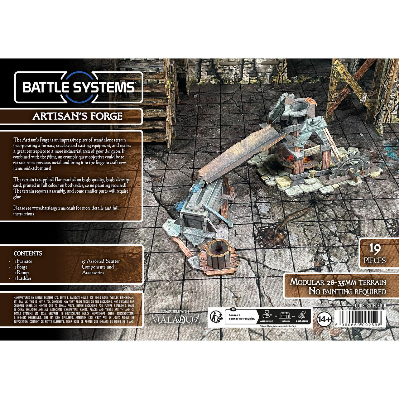 Detailed image of the Artisan's Forge tabletop terrain set, featuring modular pieces for fantasy gaming.