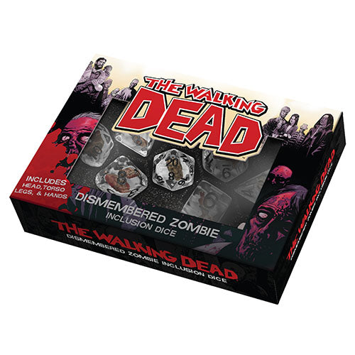 Resin poly dice set featuring The Walking Dead theme, including dismembered zombie designs and various character illustrations.
