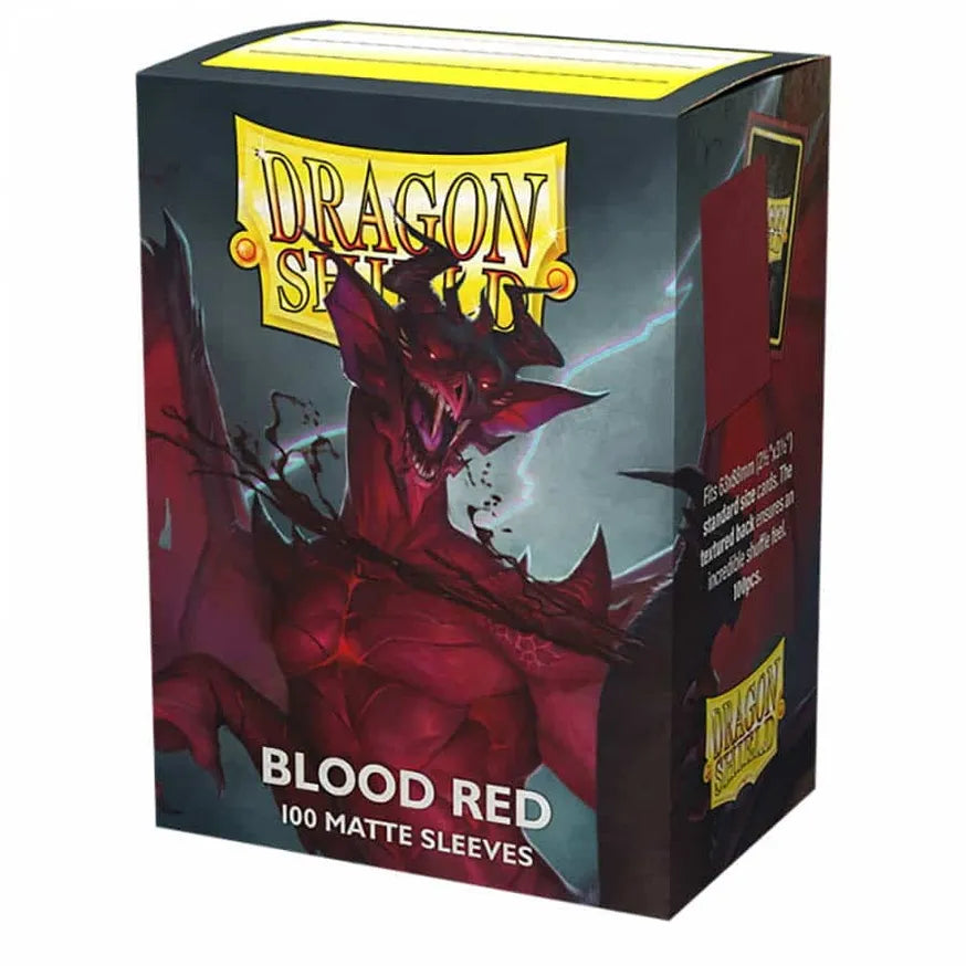Dragon Shield Blood Red matte sleeves box featuring a dragon design, containing 100 protective card sleeves for gaming.