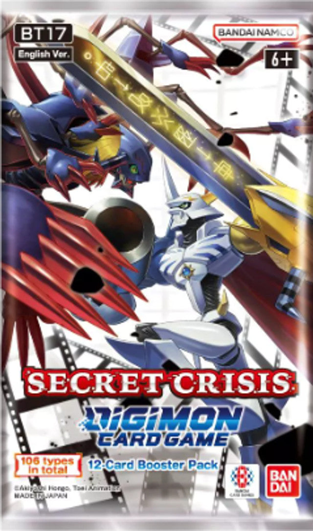 Digimon TCG Secret Crisis Booster Box BT17 featuring dynamic artwork of characters in battle, includes 12-card packs.