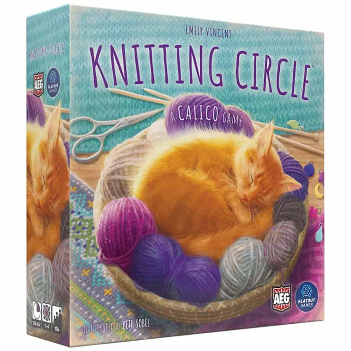 Colorful game box for "Knitting Circle," featuring a sleeping cat surrounded by yarn and knitting supplies.