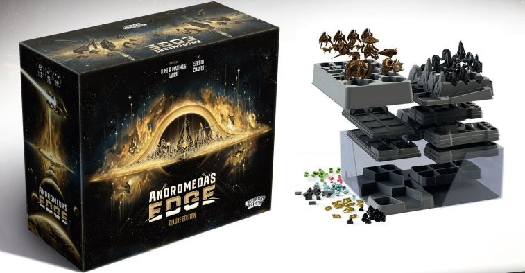 Andromeda's Edge Supernova Deluxe Upgrade Kit box with game components and upgraded miniatures displayed on a clear organizer.