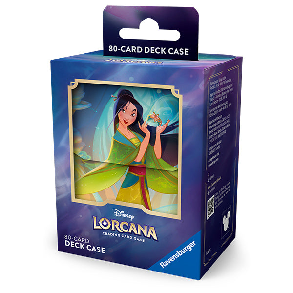 Disney Lorcana Fabled deck box featuring Mulan, designed for 80 trading cards, with vibrant artwork and secure closure.