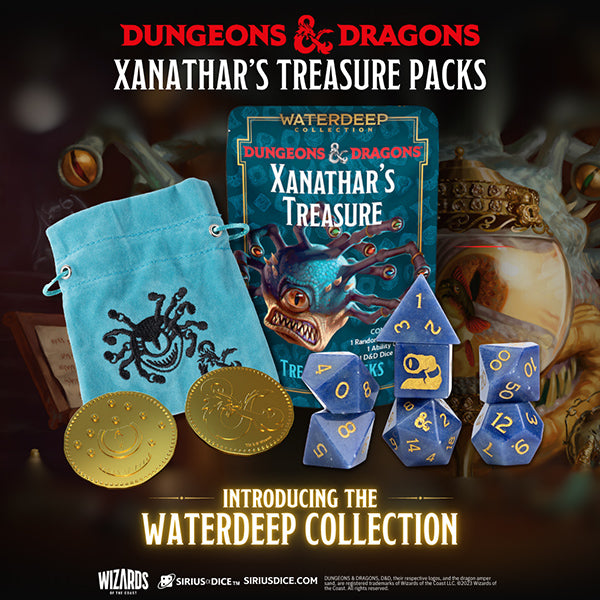 Dungeons and Dragons Xanathar's Treasure Pack features a blind box with themed dice, gold coins, and a decorative pouch.