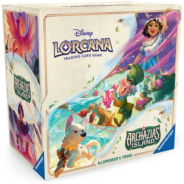 Disney Lorcana TCG Archazia's Island Illumineer's Trove box featuring colorful artwork of characters and vibrant designs.
