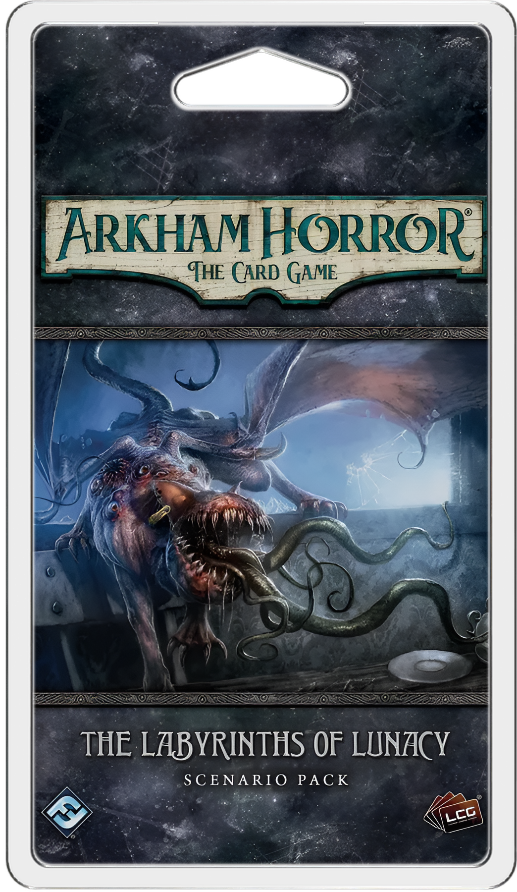 Arkham Horror LCG The Labyrinths of Lunacy scenario pack featuring a monstrous creature with tentacles in a dark setting.