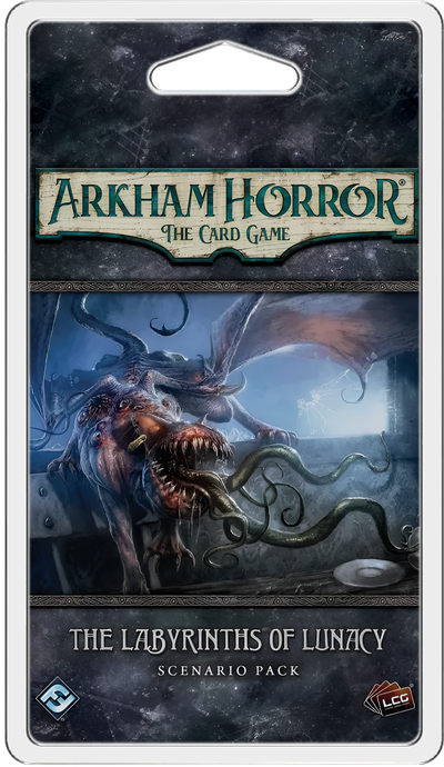 Arkham Horror LCG The Labyrinths of Lunacy scenario pack featuring a monstrous creature with tentacles in a dark setting.