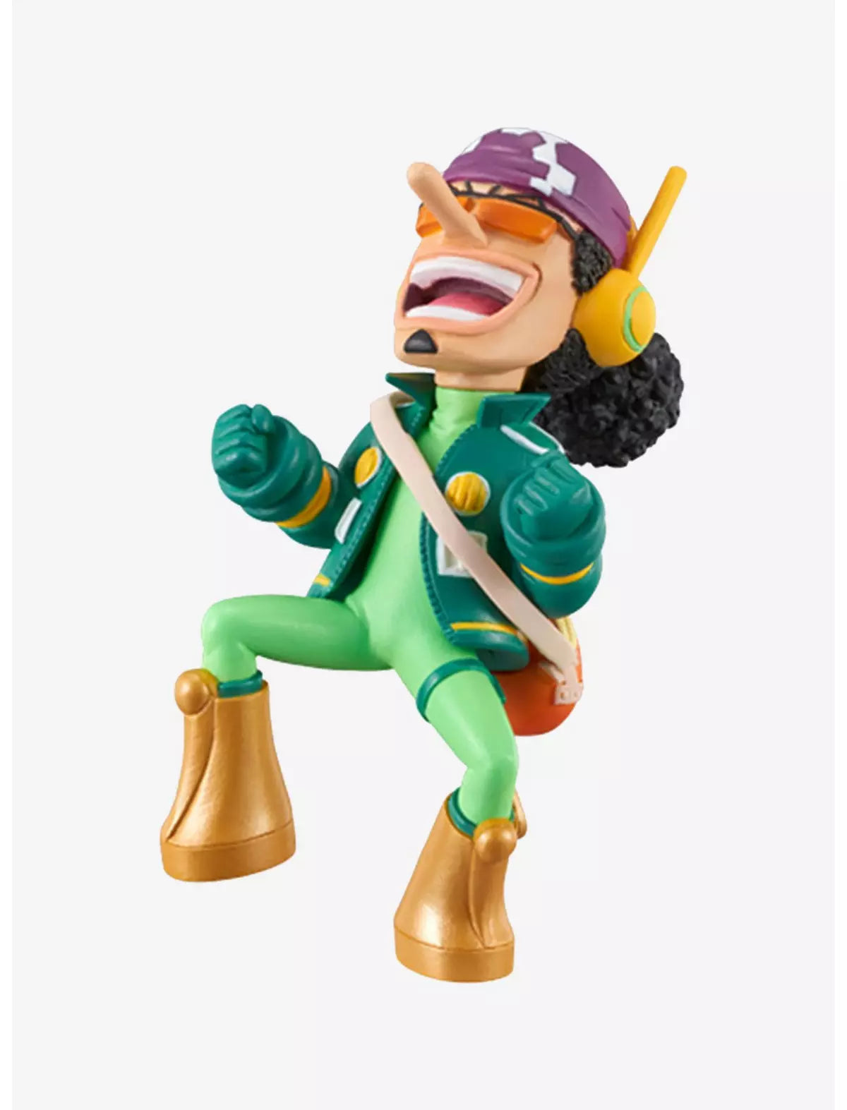 One Piece World Collectable Figure Egg Head Vol.2 features a joyful character with curly hair, wearing a green outfit and gold boots.