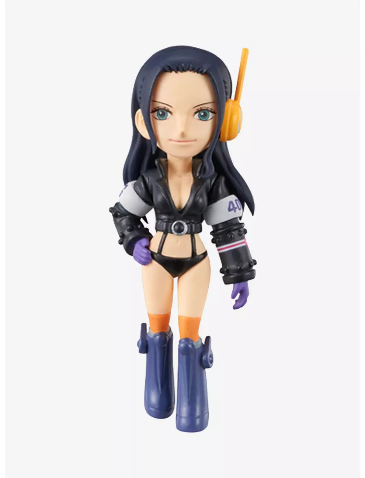 One Piece World Collectable Figure Egg Head Vol.2 features a female character in a stylish outfit with headphones and boots.