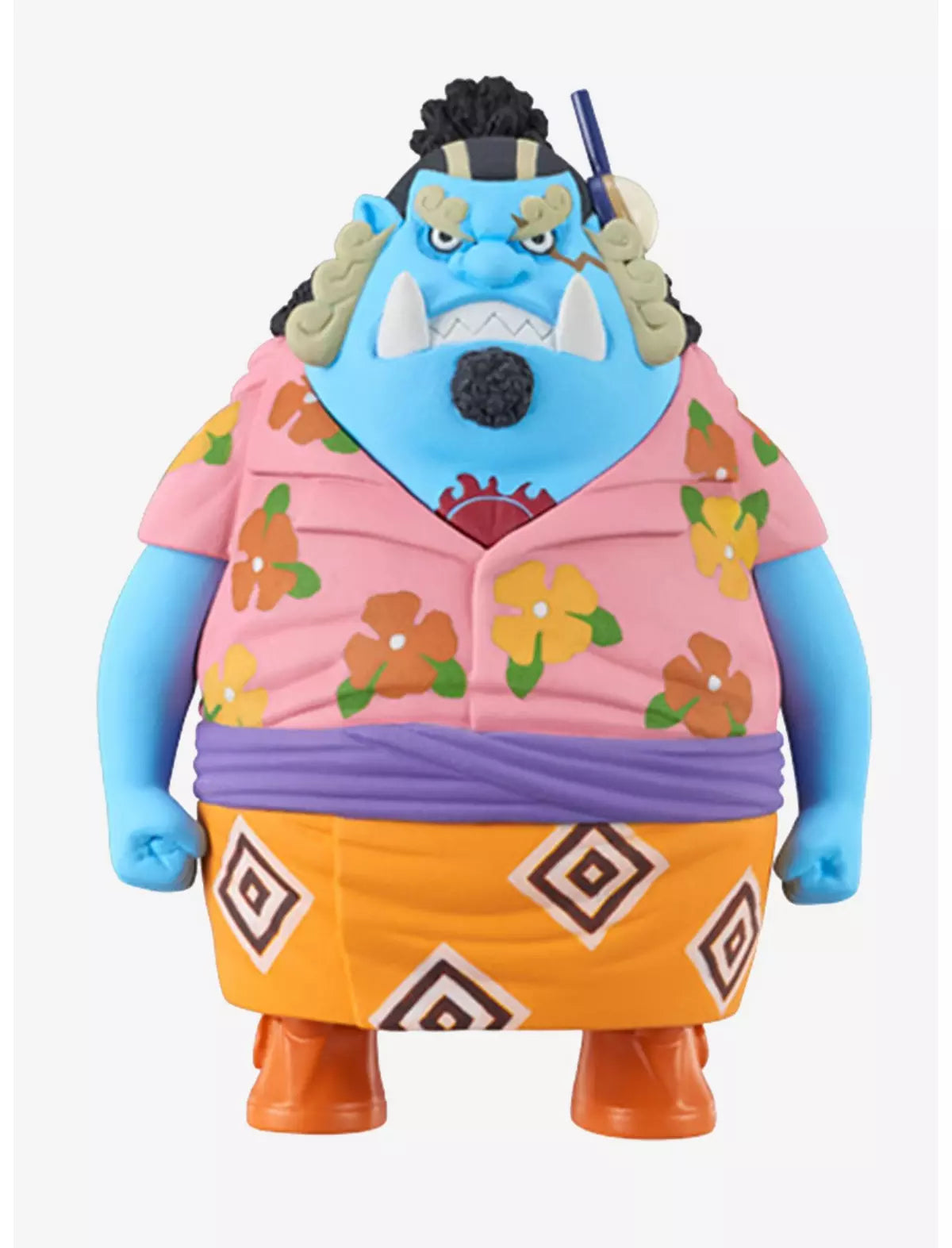 Blue-skinned figure from One Piece wearing a floral shirt and patterned shorts, showcasing a playful design.
