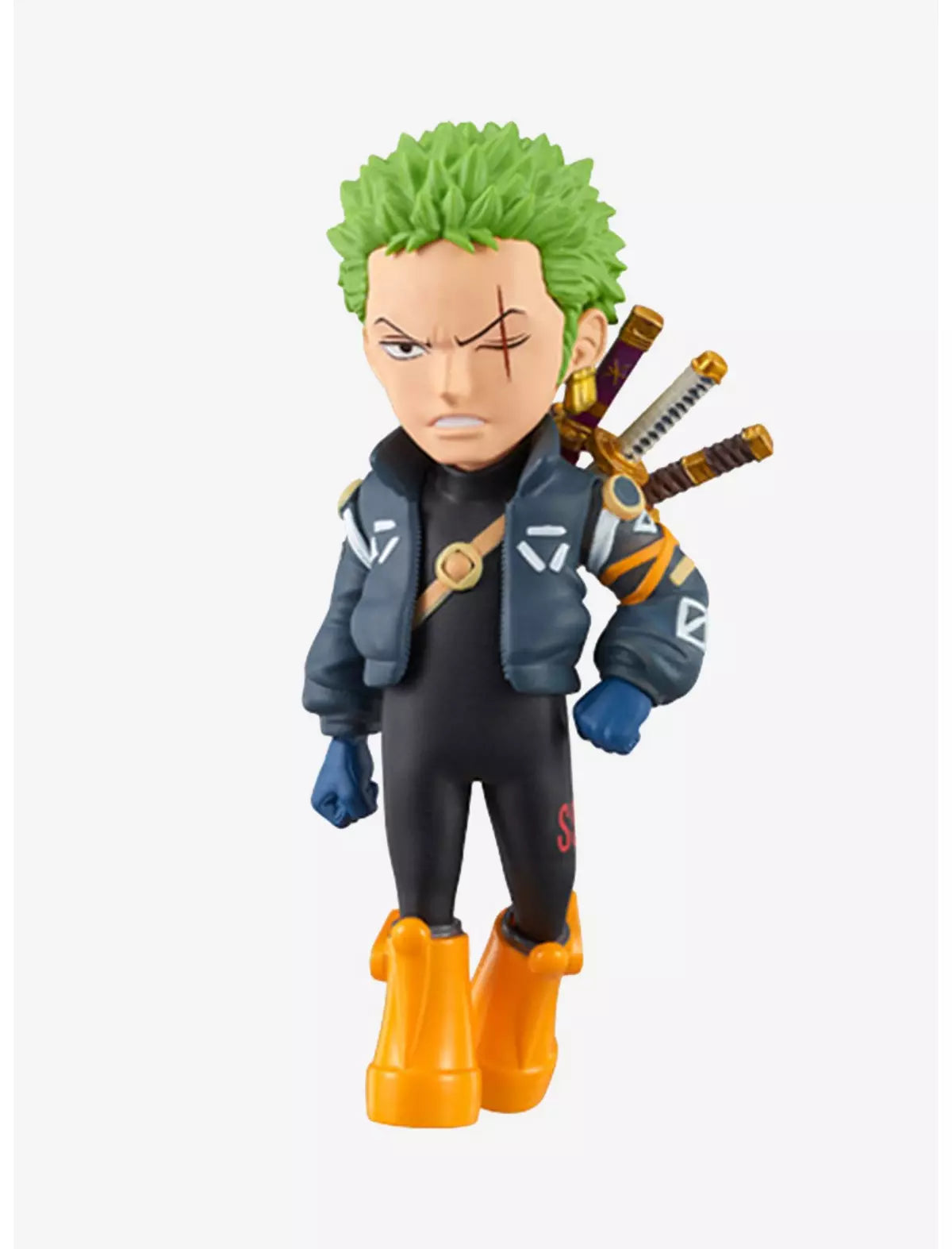 One Piece World Collectable Figure Egg Head Vol.2 features Zoro with green hair, a serious expression, and multiple swords.