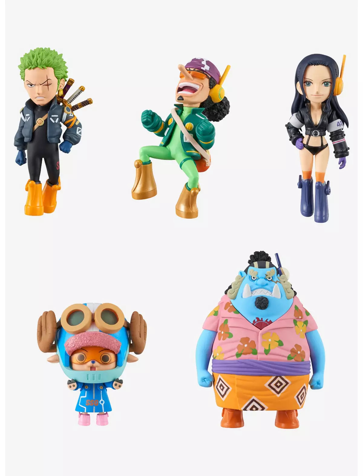 Five collectible figures from One Piece featuring characters in colorful outfits, showcasing unique designs and expressions.