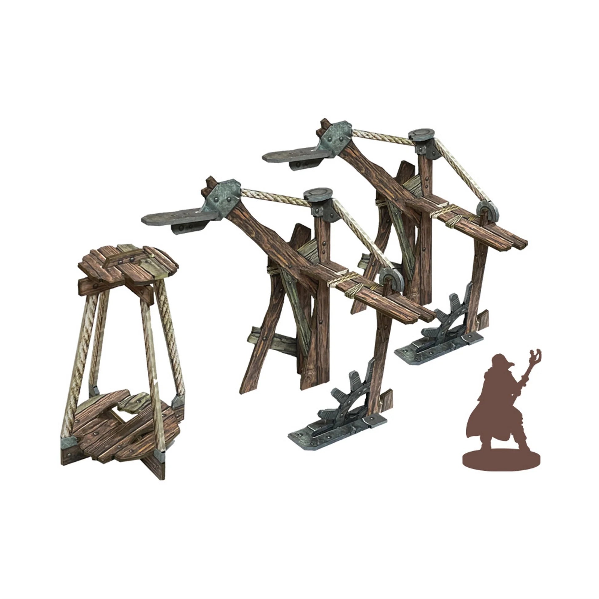 Detailed wooden mining lift model with pulleys and ropes, designed for fantasy tabletop gaming and dioramas.