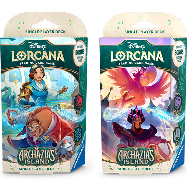 Disney Lorcana TCG Archazia's Island starter deck set featuring two colorful single-player decks with characters and artwork.