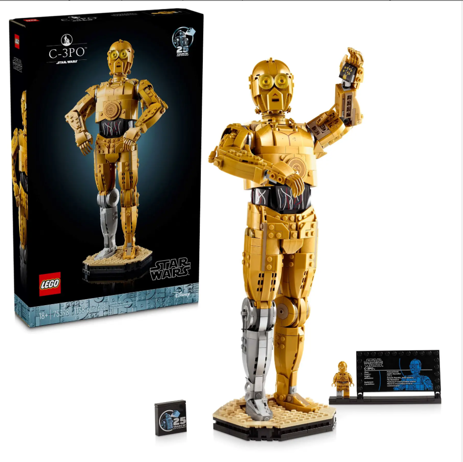 LEGO Star Wars C-3PO set featuring a detailed golden droid figure with a display stand and box packaging.