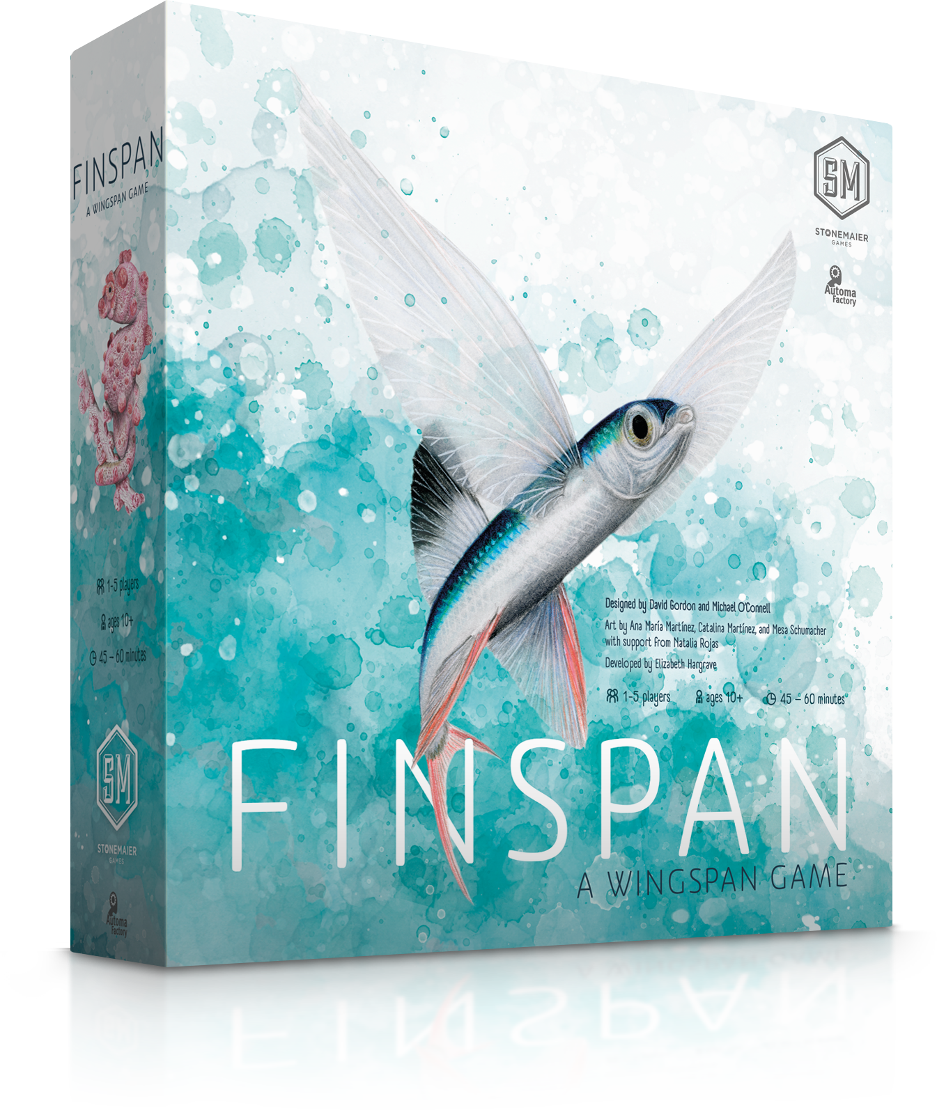 Colorful game box for Finspan featuring a flying fish against a blue watercolor background, designed for strategy gaming enthusiasts.