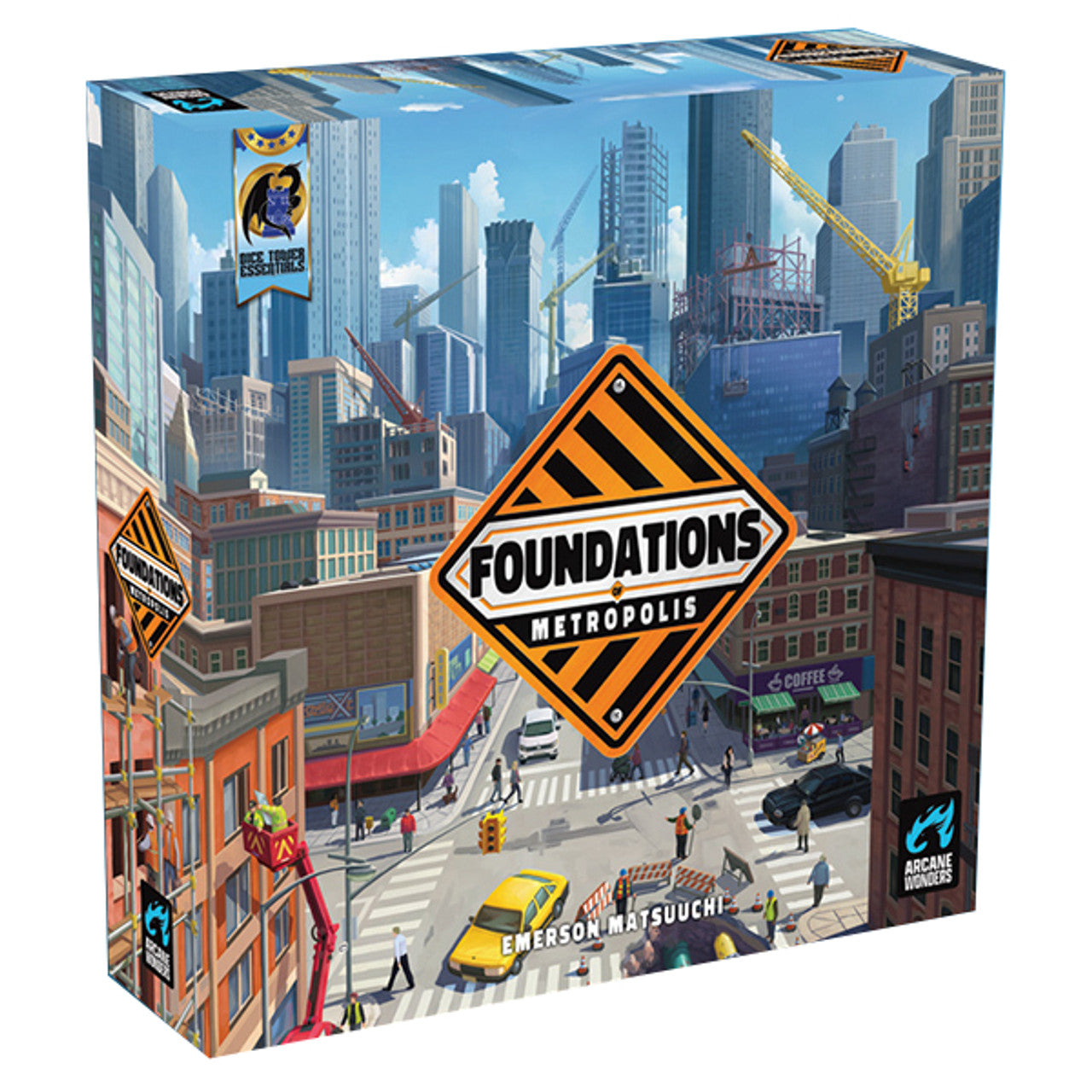 Box cover of "Foundations of Metropolis," featuring a vibrant cityscape with construction cranes and urban buildings.