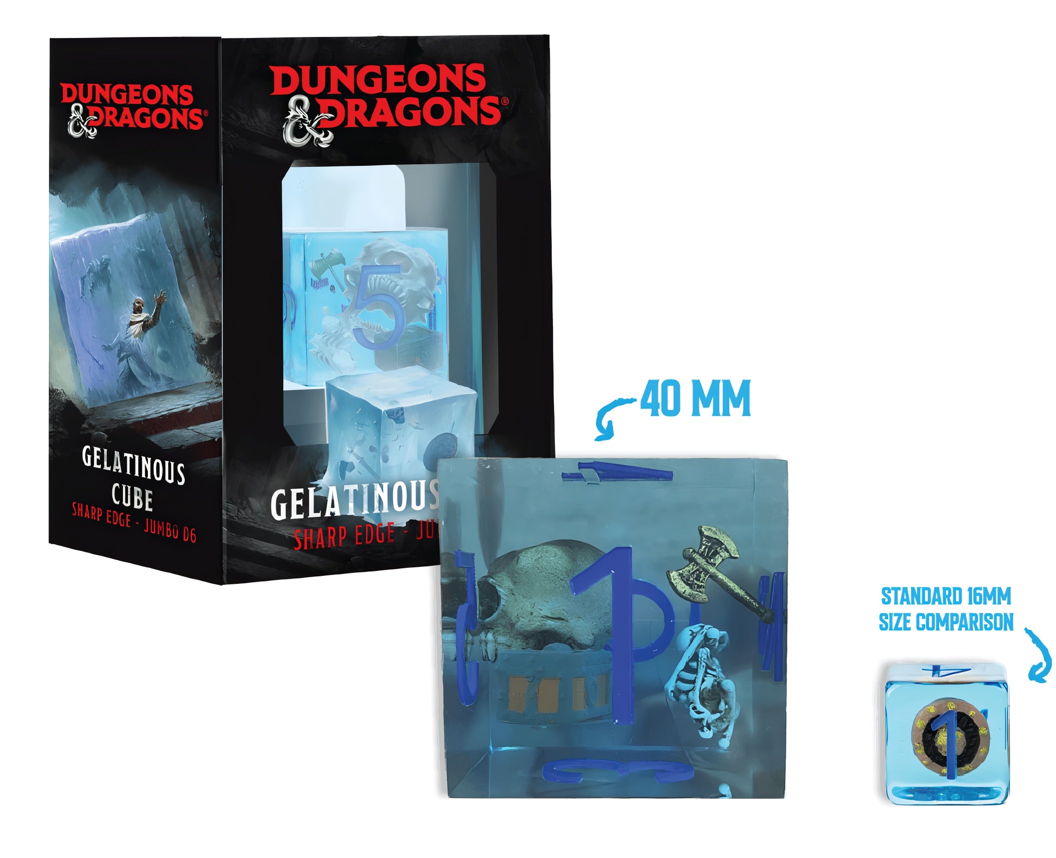 40mm d6 D&D Jumbo die featuring a Gelatinous Cube design, displayed with packaging and size comparison to a standard die.