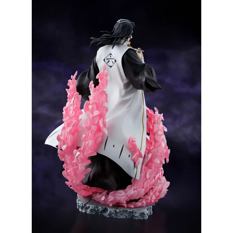 Byakuya Kuchiki statue from Bleach: Thousand-Year Blood War, featuring detailed design and vibrant pink effects.