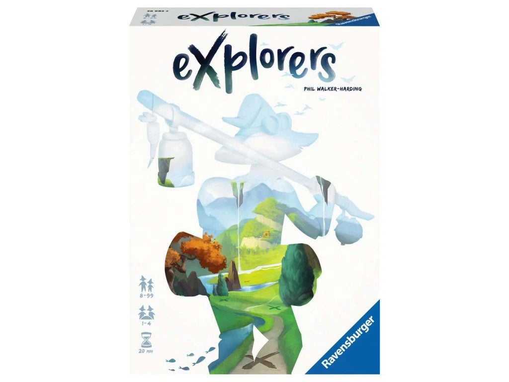 Colorful game box for "Explorers" featuring a silhouette of a traveler surrounded by nature scenes and adventure elements.