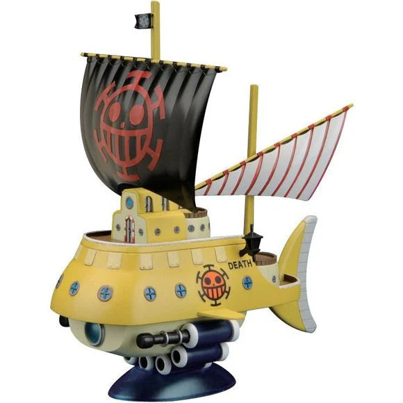 Model kit of Trafalgar Law's submarine from One Piece, featuring a yellow hull, black sail, and intricate details.