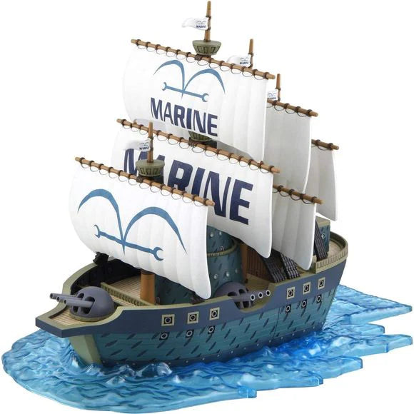Model kit of the Marine Warship from One Piece, featuring detailed sails and a blue water base. Perfect for collectors.