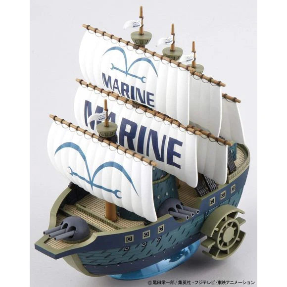 Model kit of the Marine Warship from One Piece, featuring detailed sails and a vibrant color scheme.