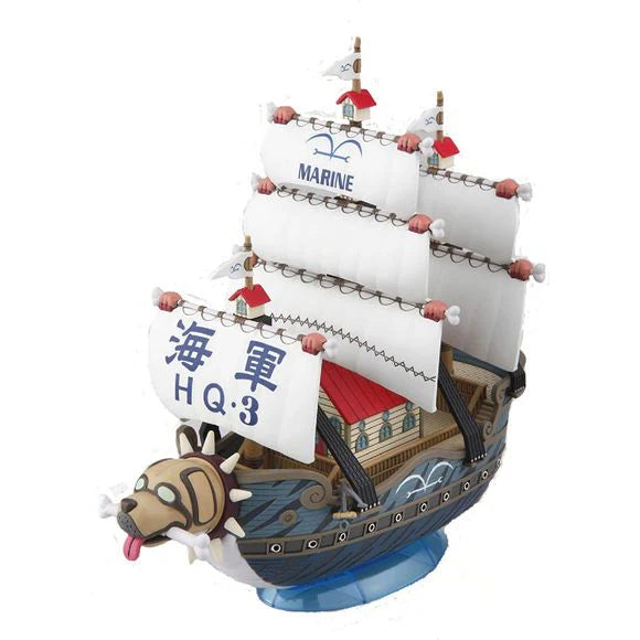 Bandai Hobby One Piece Garp's Marine Warship model kit featuring detailed sails and a unique ship design.