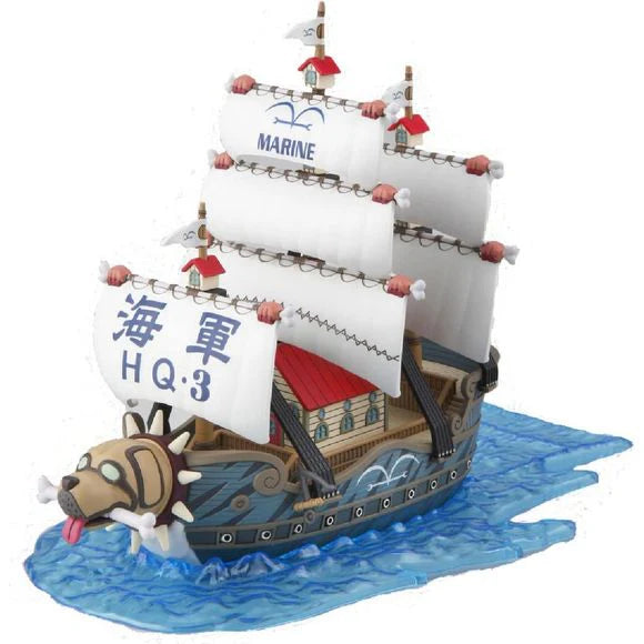 Model kit of Garp's Marine Warship from One Piece, featuring detailed sails and a playful dog figure on the bow.