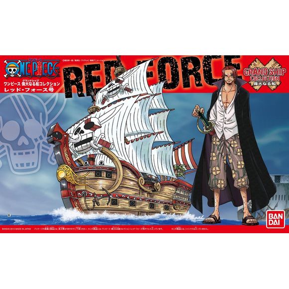 Bandai Hobby One Piece Red Force Grand Ship Collection plastic model kit featuring a detailed ship design and character illustration.